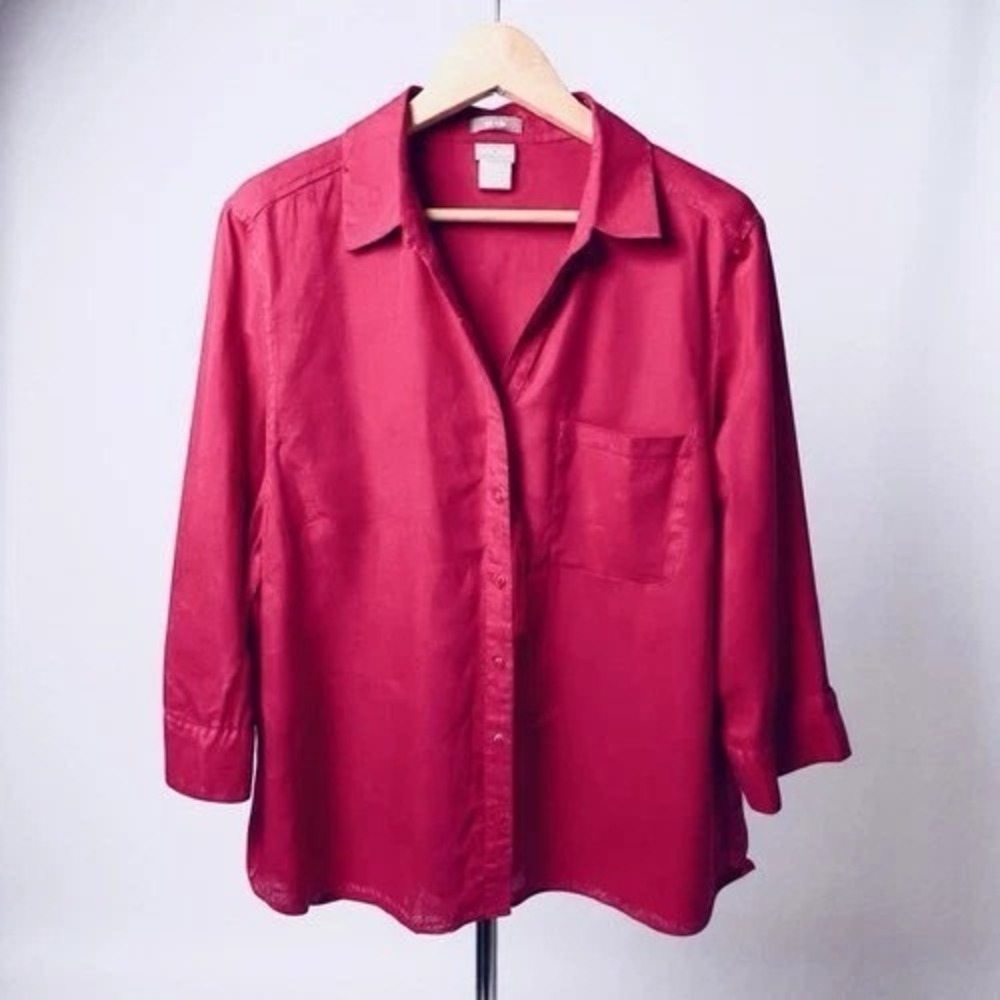 Chico's XL /3 Linen Flax Shirt Women  No Iron Fuschia Lagenlook Coastal Grandma